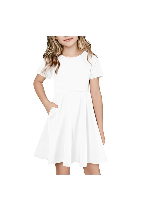 Girls Dress A-Line Short Sleeve Swing Summer Spring Party Casual Fashion Sun Dresses with Pockets