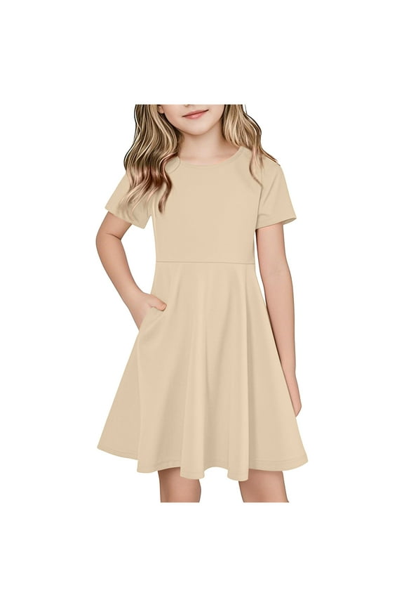 Girls Dress A-Line Short Sleeve Swing Summer Spring Party Casual Fashion Sun Dresses with Pockets