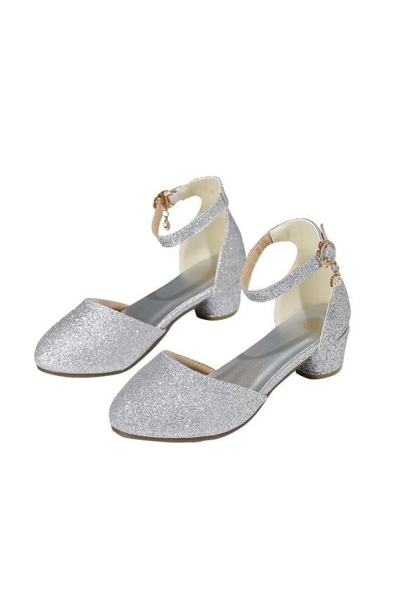 Girls Dressy Strappy Sandals with Crystal and Glitter Ankle Strap Pointy Toe Adjustable Straps Block Low Heel for Kids Ages 4.5-16