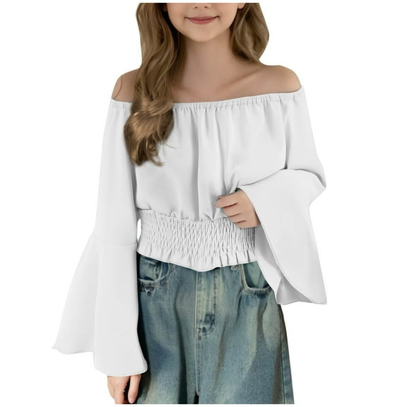 Mgmyaa Girls Elegant Blouses Crop Waist-Cinched Long Sleeved Ruffle Off the Shoulder Casual T-Shirts Tops 5-15 Years