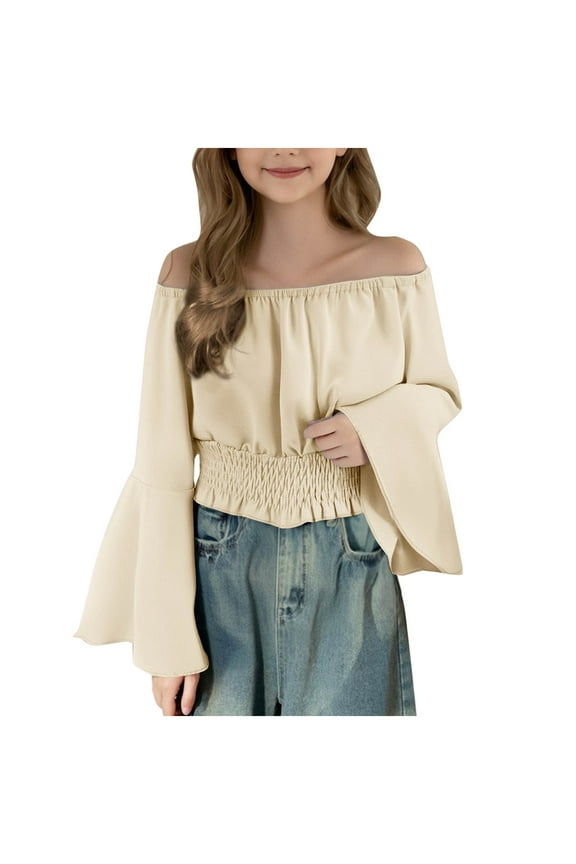 Girls Elegant Blouses Crop Waist-Cinched Long Sleeved Ruffle Off the Shoulder Casual T-Shirts Tops 5-15 Years