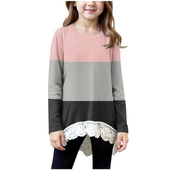 Mgmyaa Girls Fall Long Sleeve T-Shirt Tops with Lace Hem - Crew Neck Casual Sports Base Layer Size 4-15 Years