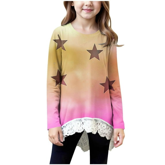 Mgmyaa Girls Fall Long Sleeve T-Shirt Tops with Lace Hem - Crew Neck Casual Sports Base Layer Size 4-15 Years