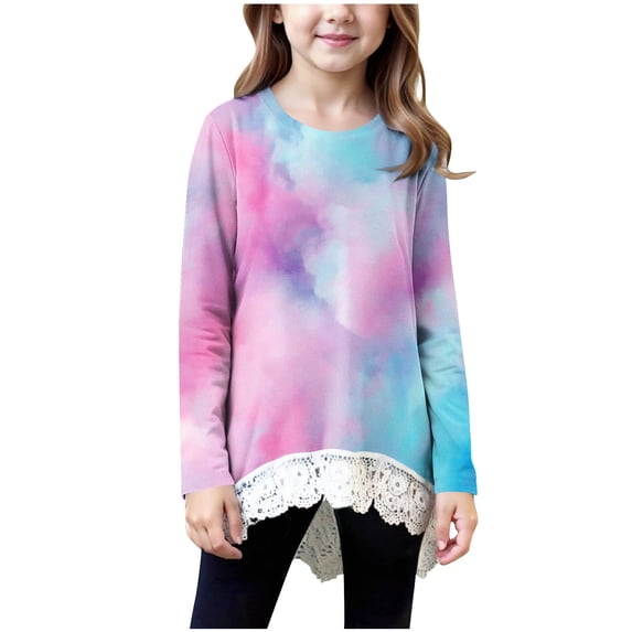Mgmyaa Girls Fall Long Sleeve T-Shirt Tops with Lace Hem - Crew Neck Casual Sports Base Layer Size 4-15 Years