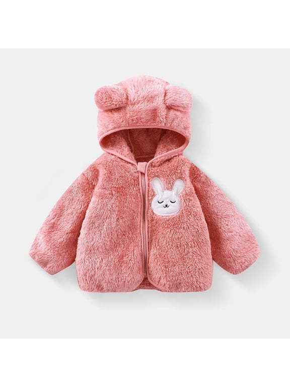 Girls Fuzzy Hooded Jacket Kids Rabbit Ear Zip-Up Warm Outerwear with Pockets for Fall Winter School and Daily Wear