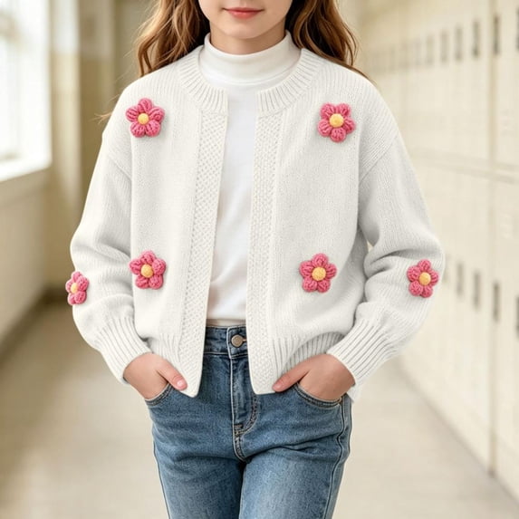 Mgmyaa Girls Knit Cardigan with 3D Flowers, Long Sleeve Button Down ...