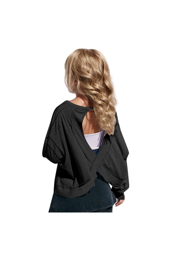 Girls Long Sleeve Athletic Casual Loose Fit Solid Color T-Shirt with Back Crossed Cut-Out Design Tee Tops
