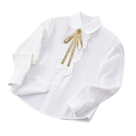 Mgmyaa Girls Long Sleeve Dress Shirt Collared Button Front Lace Accent Formal Occasion School Uniform Blouse 3-16 Years