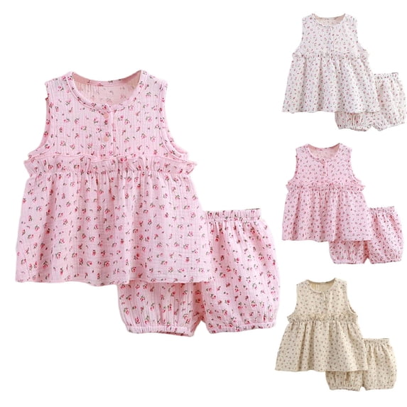 Mgmyaa Girls Newbron Pure Cotton Outfit Set Sleeveless Round Neck Floral Print Cotton Gauze Pullover Pleated Solid Summer Sleepwear with Ruffle 2-Piece Outfit for Kids 6 Months-6 Years