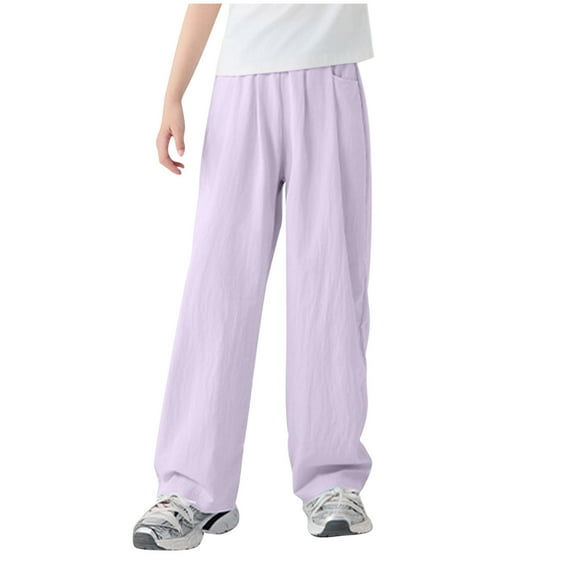 Mgmyaa Girls Pull On Casual Pants Solid Elastic Waist Lounge Long Trousers with Pockets 4-15 Years