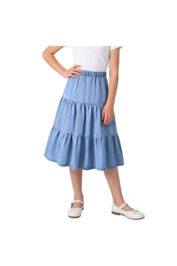 Girls Rayon- Regular Fit Long Tiered Ruffle Skirt, High-Rise A-Line with Elastic Adjustable Waist, Style Solid Casual for Kids