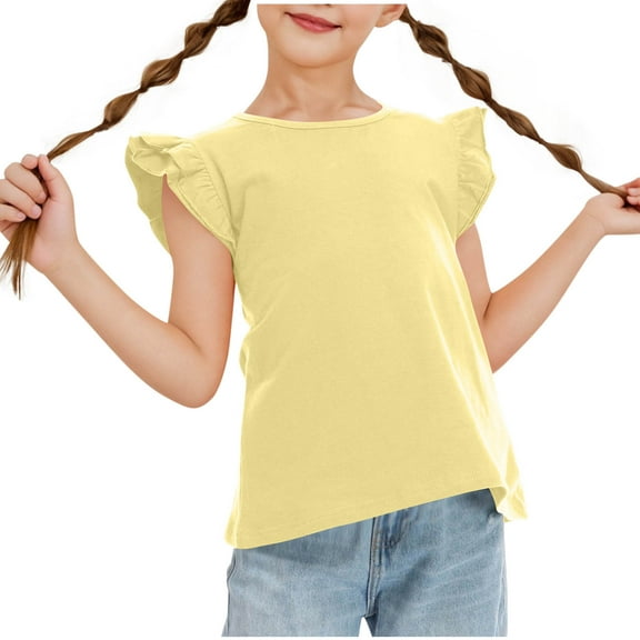 Mgmyaa Girls Shirt Short Sleeve T-Shirt for Girls with Cute Flying Sleeves Summer Blouse Casual Ruffle Tee Tops
