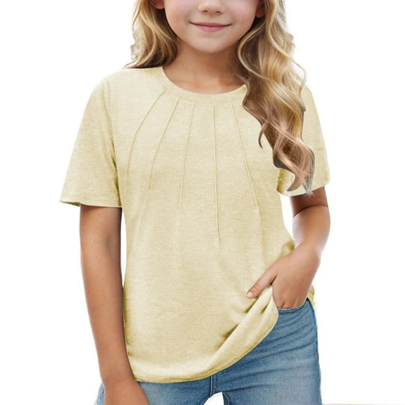 Mgmyaa Girls Short Sleeve T Shirts Kids Summer Pleated Tops Crewneck Basic Tee Blouses 5-14 Years