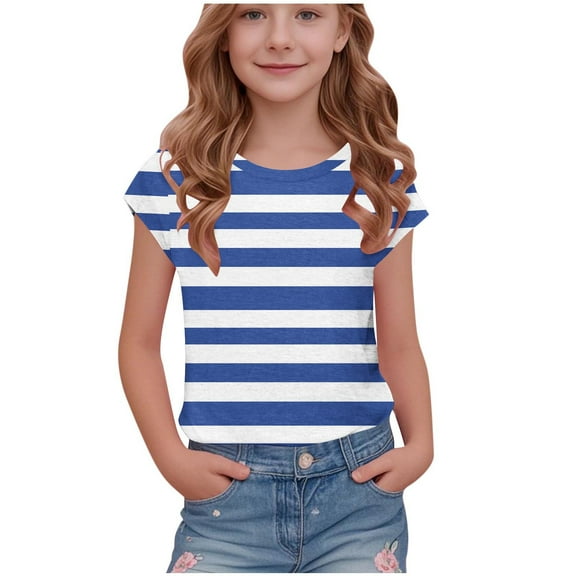 Mgmyaa Girls' Short Sleeve T-Shirts Spring Summer Casual Striped Print Raglan Crewneck Pullover Base Layer Tops 5-15 Years