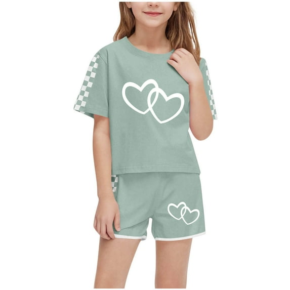 Mgmyaa Girls' Short Sleeve Top & Shorts 2-Piece Set Summer Crew Neck Plaid Print T-Shirt and Elastic Waist Shorts Casual Outfit Set 5-14 Years