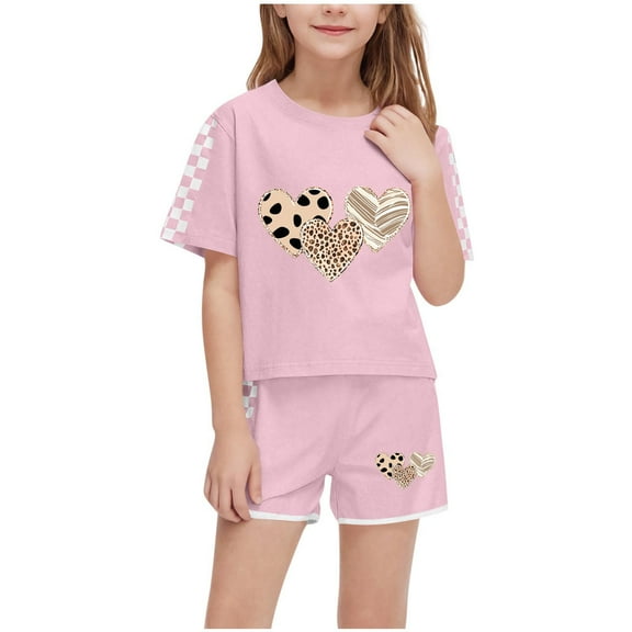 Mgmyaa Girls' Short Sleeve Top & Shorts 2-Piece Set Summer Crew Neck Plaid Print T-Shirt and Elastic Waist Shorts Casual Outfit Set 5-14 Years