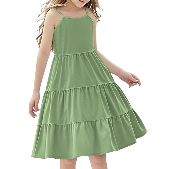 Mgmyaa Girls Sleeveless Summer Dress Kids Casual Crewneck Tank Dress Swing Spaghetti Straps Beach Midi Dress