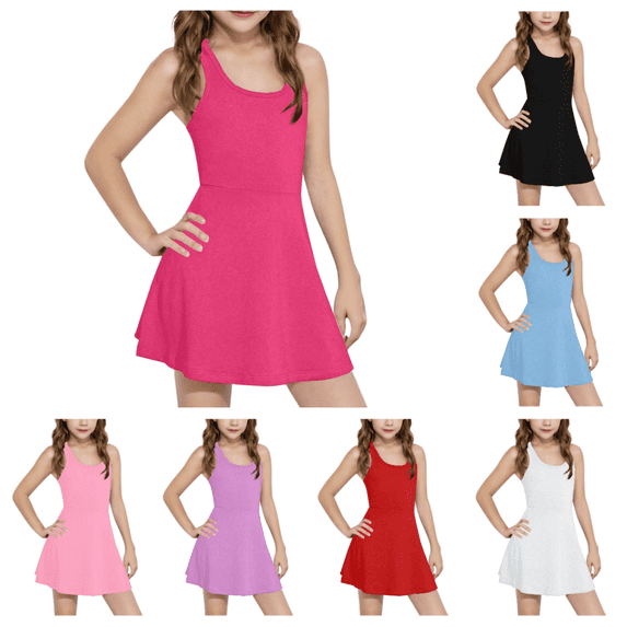 Bxsruta Girls Sleeveless Athletic Dress Racerback A-Line Skater Sundress Flowy Casual Summer Play Tennis Dress for Kids
