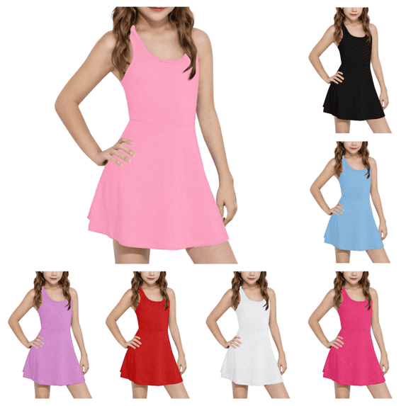 Bxsruta Girls Sleeveless Athletic Dress Racerback A-Line Skater Sundress Flowy Casual Summer Play Tennis Dress for Kids