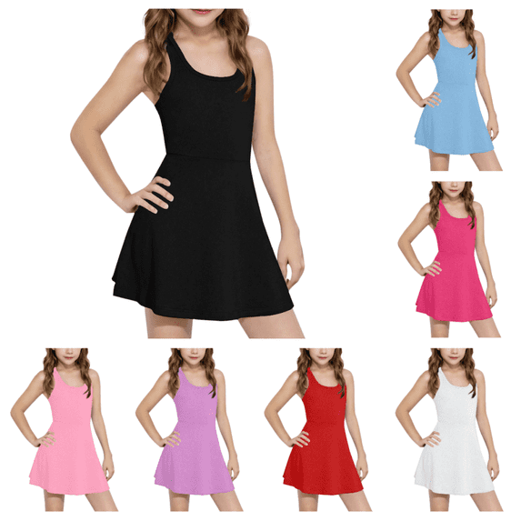 Bxsruta Girls Sleeveless Athletic Dress Racerback A-Line Skater Sundress Flowy Casual Summer Play Tennis Dress for Kids