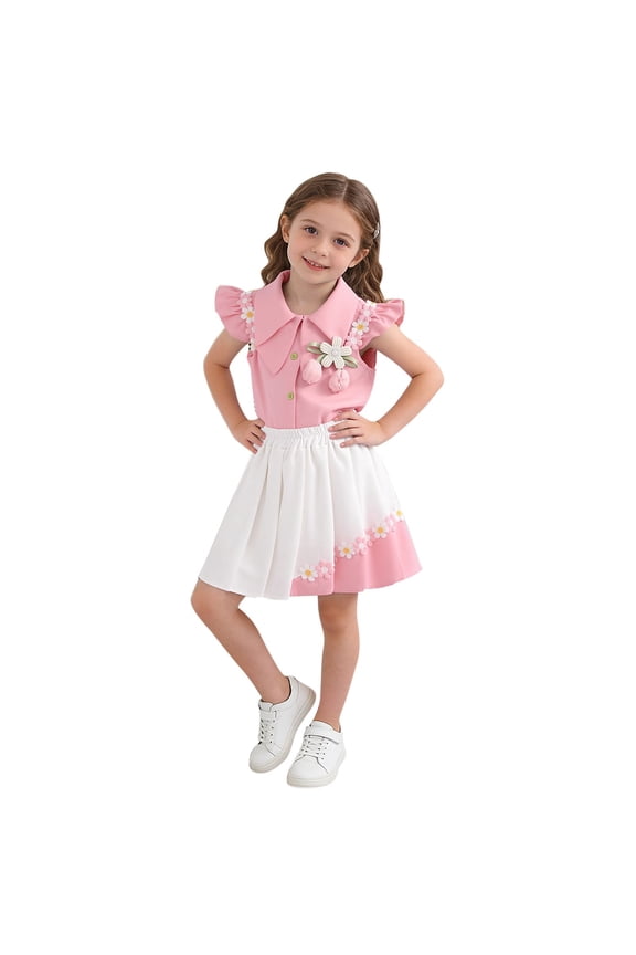 Girls Solid Collared Pullover Top and Pleated Skirt 2-Piece with Flutter Sleeves and Flowers for Ages 2-9