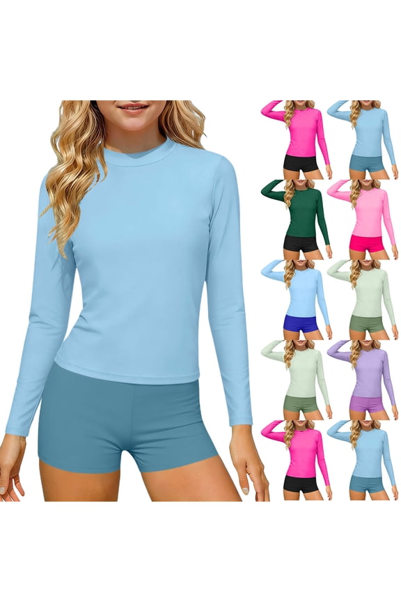 Girls Solid Color Long Sleeve Crew Neck Swimsuit Top with Shorts 2-Piece Conservative Beach Set for Kids Ages 3-14