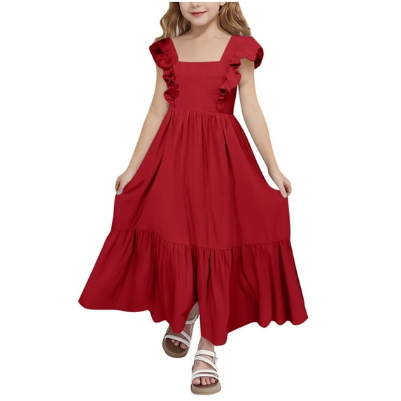 Mgmyaa Girls Summer Tie Back Dress Tween Boho Ruffle Casual Square Neck Flutter Sleeve Maxi Dresses