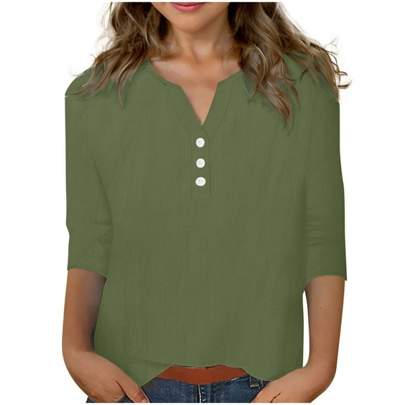 Mgmyaa Girls Summer Tops Fall Casual T-Shirts Kids V-Neck Solid 3/4 Sleeve Blouses 3-13 Years