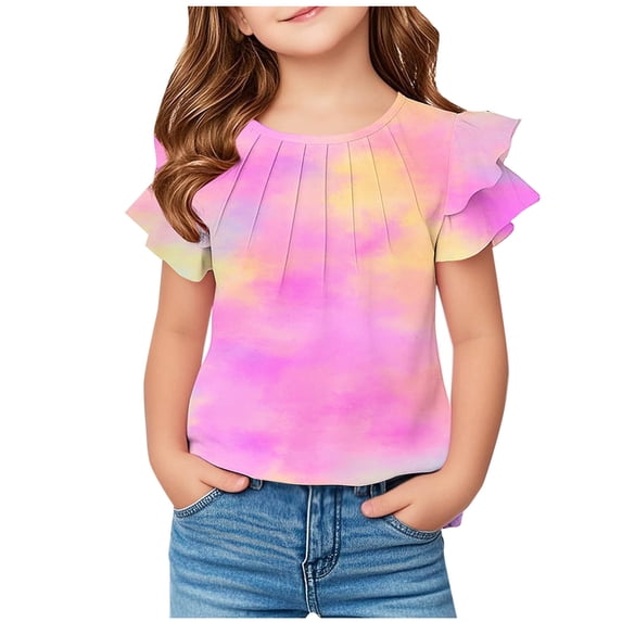 Mgmyaa Girls T Shirts Ruffle Short Sleeve Summer Pleated Crewneck Casual Tops Tees Blouses