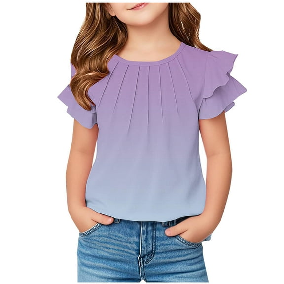 Mgmyaa Girls T Shirts Ruffle Short Sleeve Summer Pleated Crewneck Casual Tops Tees Blouses