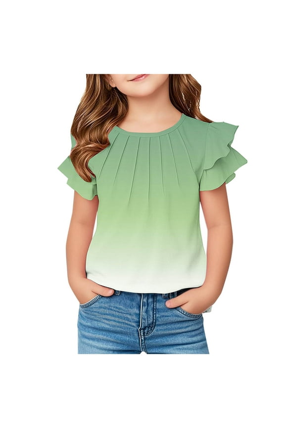 Girls T Shirts Ruffle Short Sleeve Summer Pleated Crewneck Casual Tops Tees Blouses