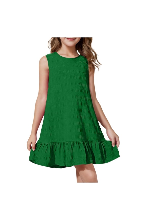 Girls Tank Dresses Summer Sleeveless Swing Midi Dress Crew Neck Casual Beach Dress for 5-15 Years