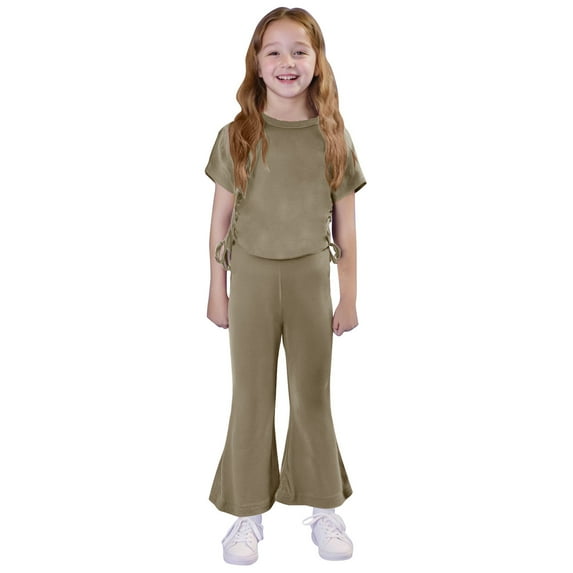 Mgmyaa Girls Two Piece Outfit Sets Fashion Casual Solid Color Strappy Short Sleeve Top and Palazzo Flared Long Pants Two-Piece Set 12 Months - 8 Years