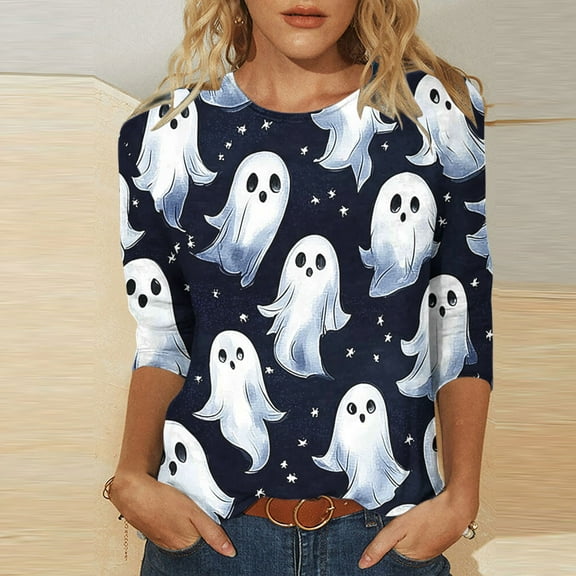 Mgmyaa Halloween Costumes for Womens Shirts 3/4 Sleeve Halloween Pattern Round Neck T-Shirts Plus Size Pullover Blouses Size S-5XL
