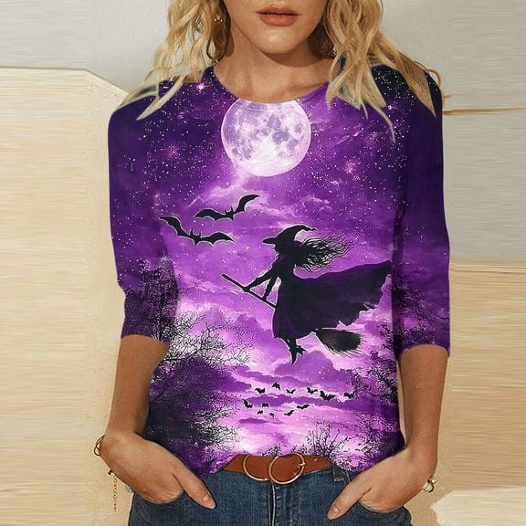 Mgmyaa Halloween Costumes for Womens Shirts 3/4 Sleeve Halloween Pattern Round Neck T-Shirts Plus Size Pullover Blouses Size S-5XL