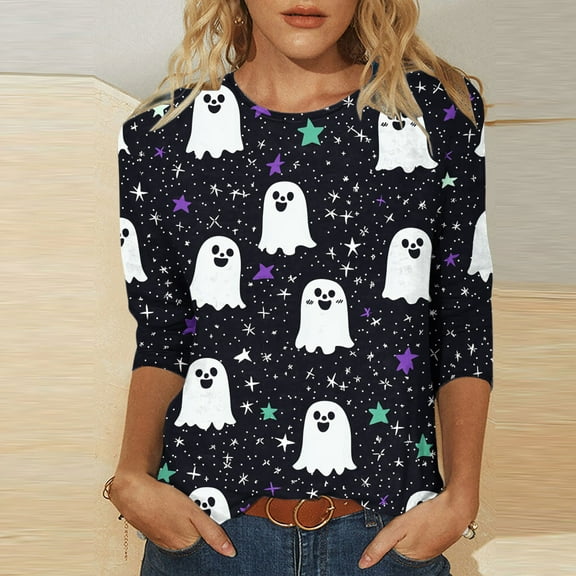 Mgmyaa Halloween Costumes for Womens Shirts 3/4 Sleeve Halloween Pattern Round Neck T-Shirts Plus Size Pullover Blouses Size S-5XL