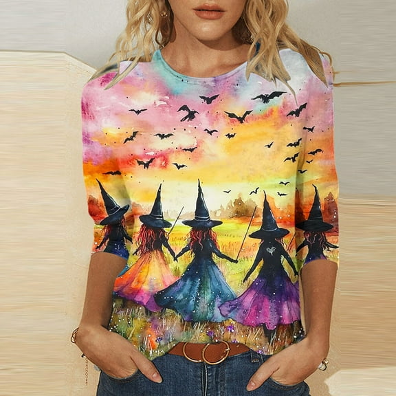 Mgmyaa Halloween Costumes for Womens Shirts 3/4 Sleeve Halloween Pattern Round Neck T-Shirts Plus Size Pullover Blouses Size S-5XL