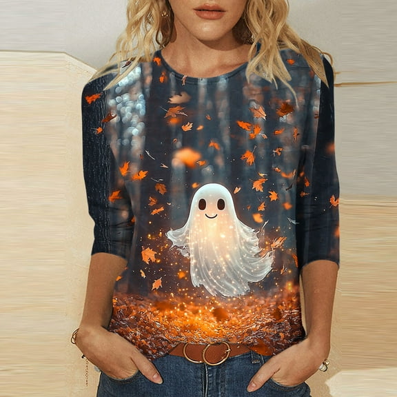 Mgmyaa Halloween Costumes for Womens Shirts 3/4 Sleeve Halloween Pattern Round Neck T-Shirts Plus Size Pullover Blouses Size S-5XL