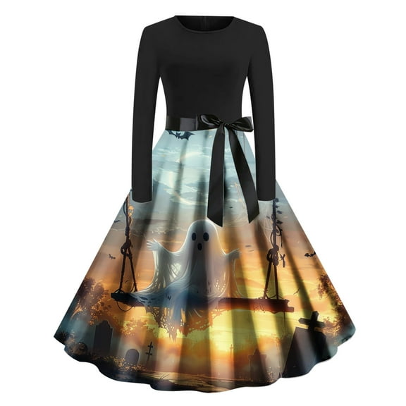 Mgmyaa Halloween Dress for Women Vintage Printed Long Sleeve Zipper Crew Neck Cocktail Evening Prom Dresses Halloween Costumes with Bow Belt