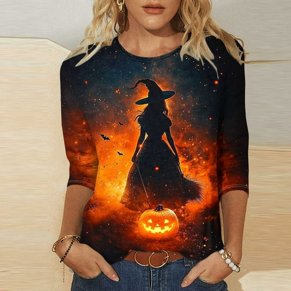 Mgmyaa Halloween Shirts for Women 3/4 Sleeve Fall Halloween Pattern Round Neck T-Shirts Plus Size Costumes Blouses Size S-5XL