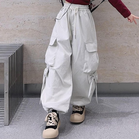 Mgmyaa Kids Baggy Cargo Pants with Pockets and Zipper for Boys Girls Adjustable Drawstring Waist Cotton Trousers Streetwear School Outdoor Play Loose Fit