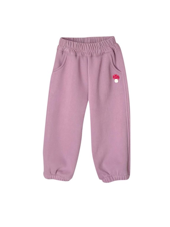 Kids Cotton Joggers with Cute Mushroom Patch Design, Soft Fleece-Lined Elastic Waist Sweatpants for Boys and Girls School Play and Daily Wear