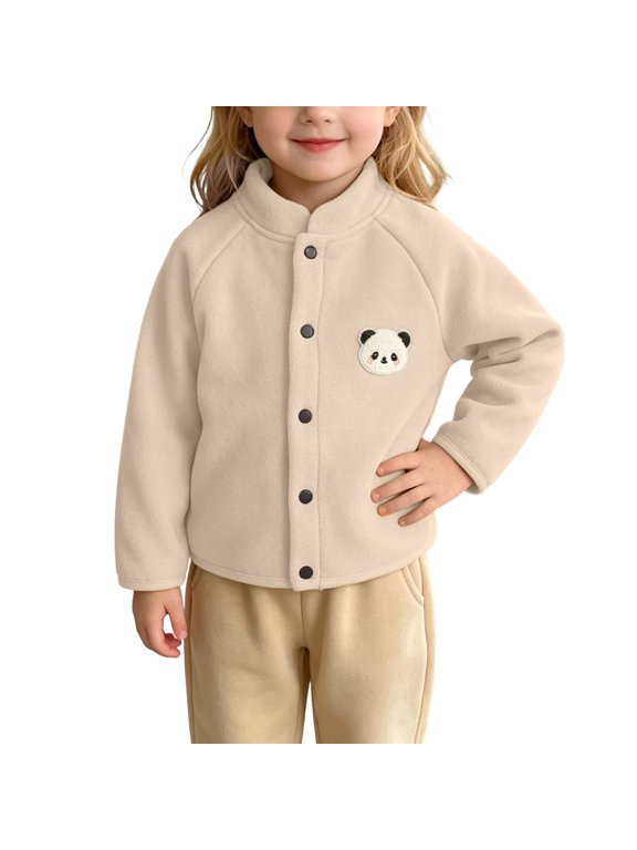 Kids Fleece Jacket with Panda Patch Button Down Winter Coat for Boys Girls