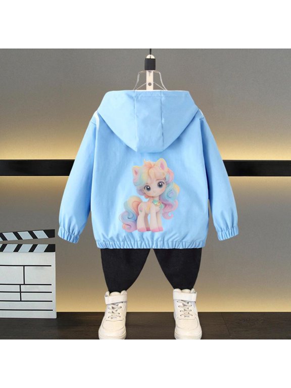 Kids Hooded Windbreaker Jacket Boys Girls Lightweight Windproof Outerwear with Pony Print and Pockets for Spring Fall School