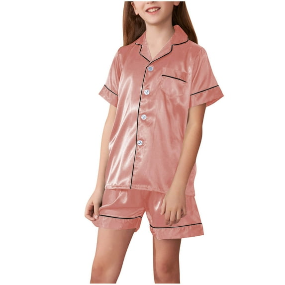 Mgmyaa Kids Lounge Set Girls Spring & Fall Thin Silk-like Solid Color Loungewear Long Sleeve Button Down Collar Shirt and Shorts Casual Homewear Set 6-14 Years