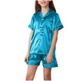 thumbnail image 1 of Mgmyaa Kids Lounge Set Girls Spring & Fall Thin Silk-like Solid Color Loungewear Long Sleeve Button Down Collar Shirt and Shorts Casual Homewear Set 6-14 Years, 1 of 7