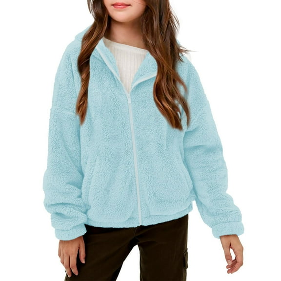 Mgmyaa Kids Soft Fleece Zip-Up Hooded Jacket with Pockets, Warm Sherpa Lined Outerwear for Boys and Girls, School Winter Coat (Size 5-14 Years)