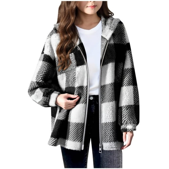 Mgmyaa Kids Winter Plaid Fleece Jacket Hooded Zip Front Long Sleeve Coat Pockets Warm Outerwear for Boys Girls Age 5-16