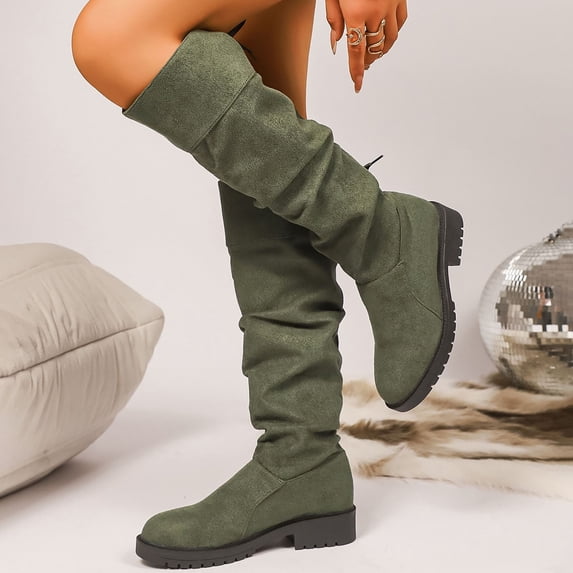 Mgmyaa Knee High Boots for Women Chunky Heel Round Toe Leather Patent Boots Low Block Heel Tall Booties with Side Zipper