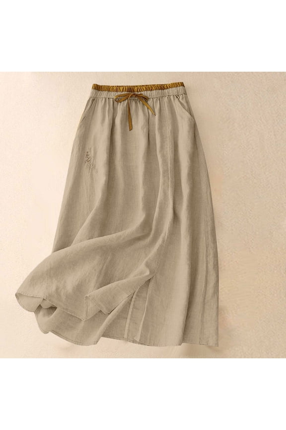 Linen Skirt for Women Spring Summer Elastic Waist A-Line Midi Skirt Embroidery Flowing Long Skirts